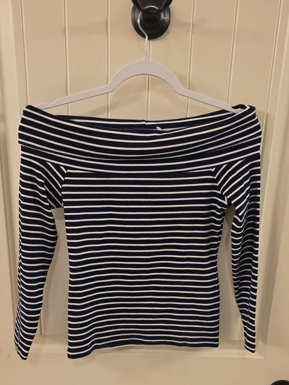 J. Crew Navy and White Striped Off-Shoulder Long Sleeve Tee